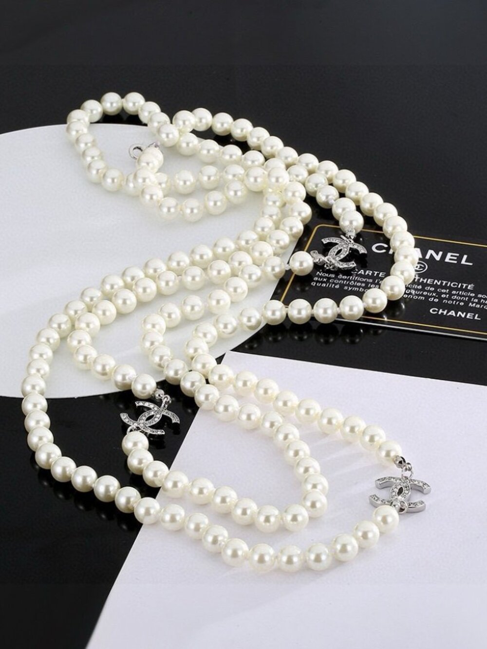 Chanel Faux Pearl Necklace, Pave Crystal CC Logo
